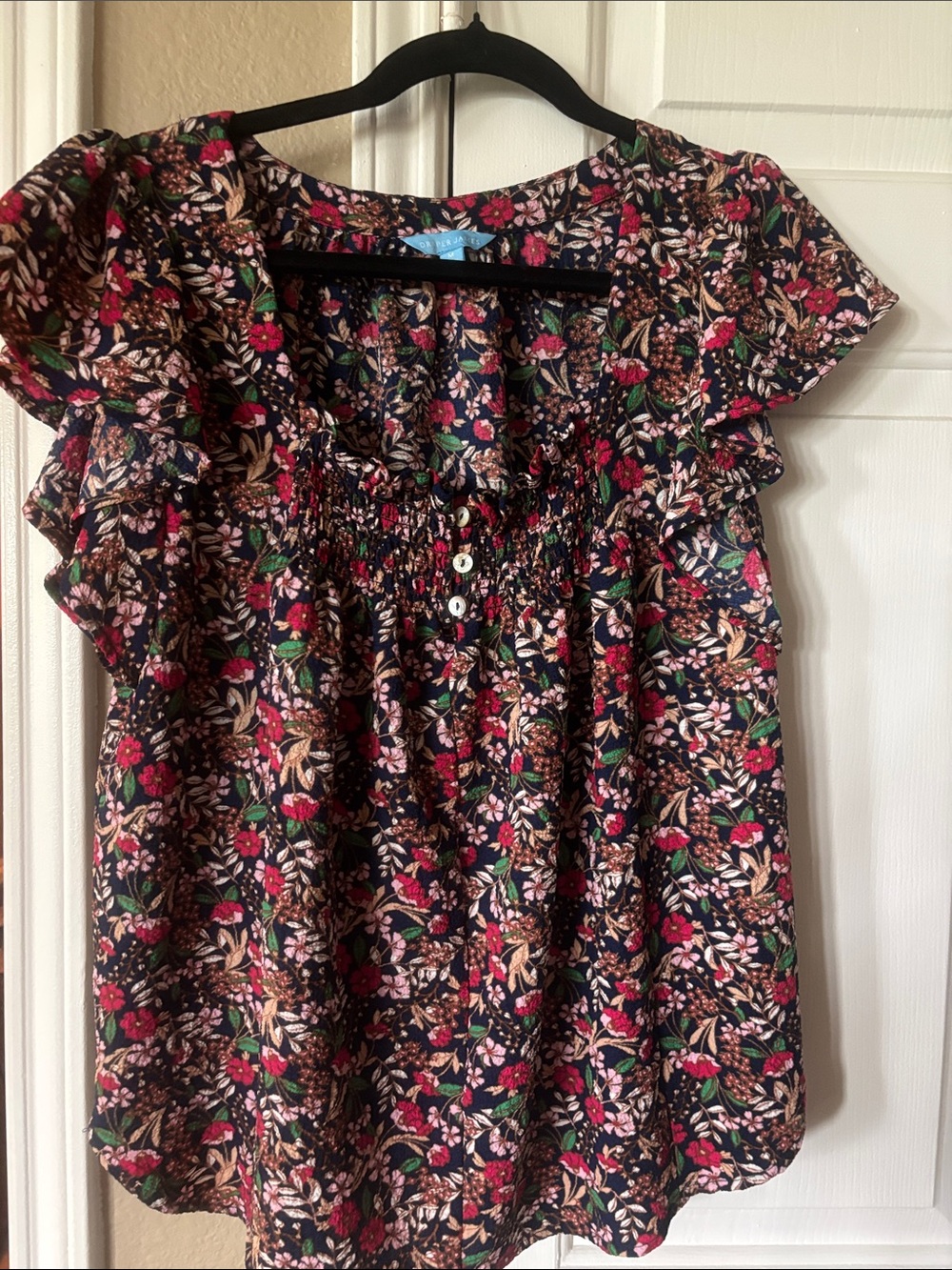 Draper James Floral Ruffle-Sleeve Smocked Top - Black, Pink, Green, Cream